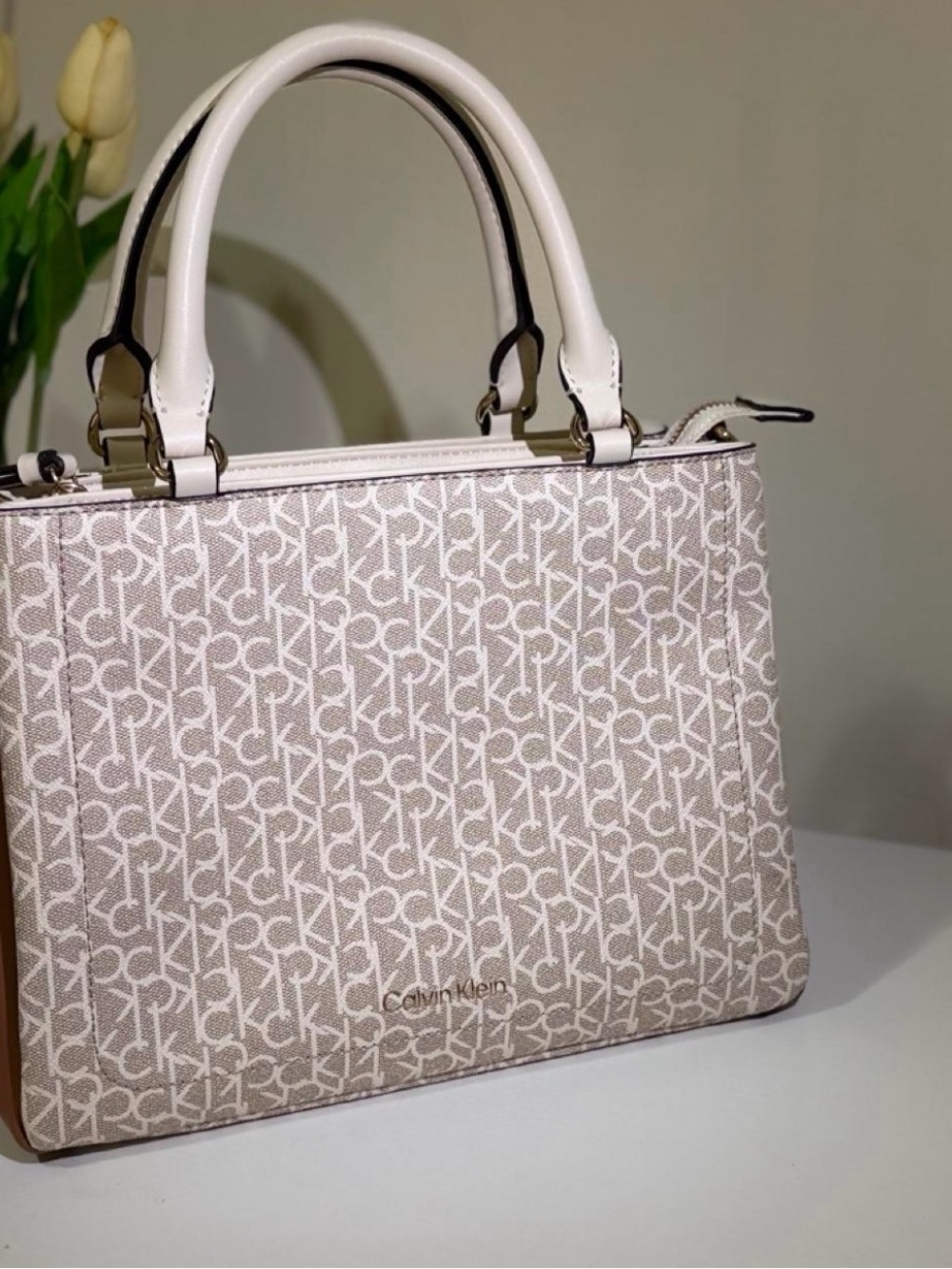 Calvin Klein Beige Pink CK Monogram Satchel